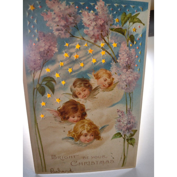 Hold To Light Postcard Christmas Cherub Angles Stars Pink Flowers HTL 1906